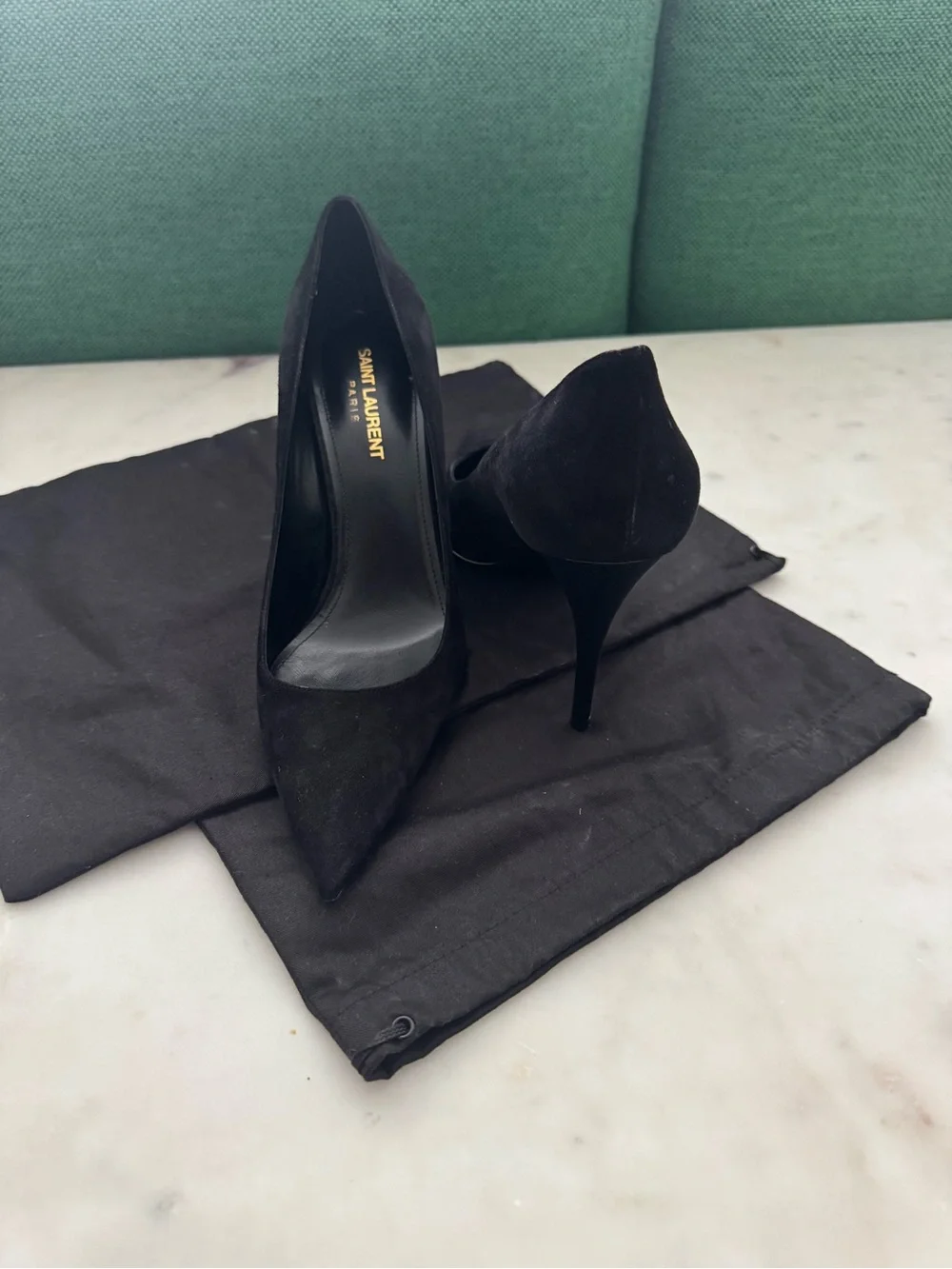 Saint Laurent Black Suede Pointed Pumps with Gold Logo - Picture 2 of 5